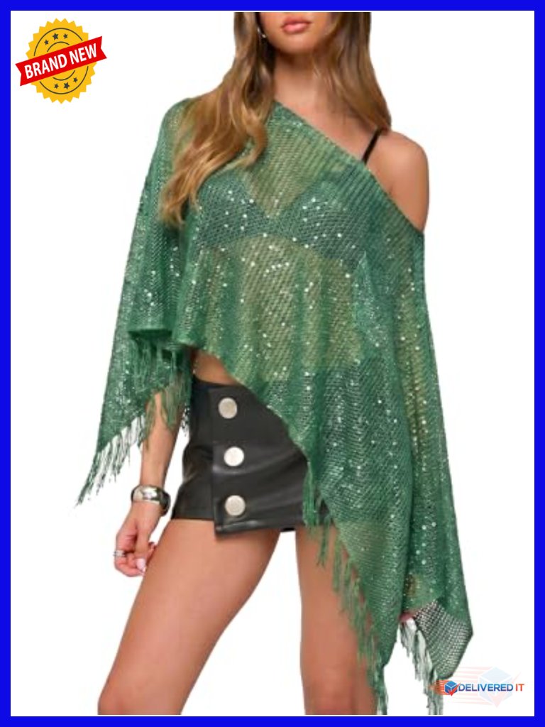 Sheer Mesh Glitter Poncho Top Shrug Batwing Sleeve Cover Up